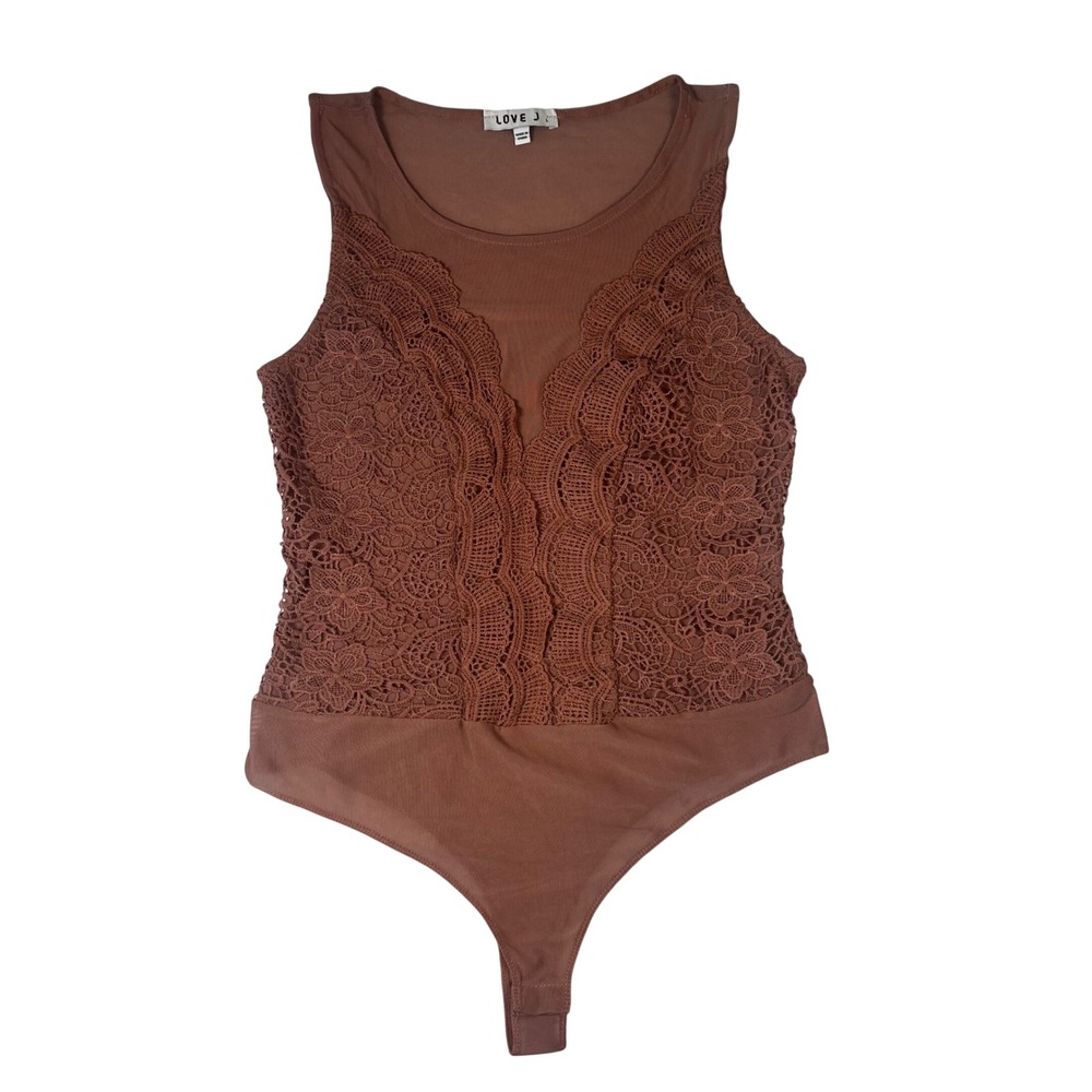 Love J Womens Lace Mesh Sleeveless Bodysuit Coquette Mauve Brown Size L